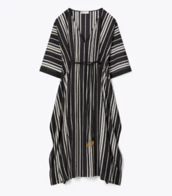 GESTREIFTER SEIDENKAFTAN MIT GÜRTEL
