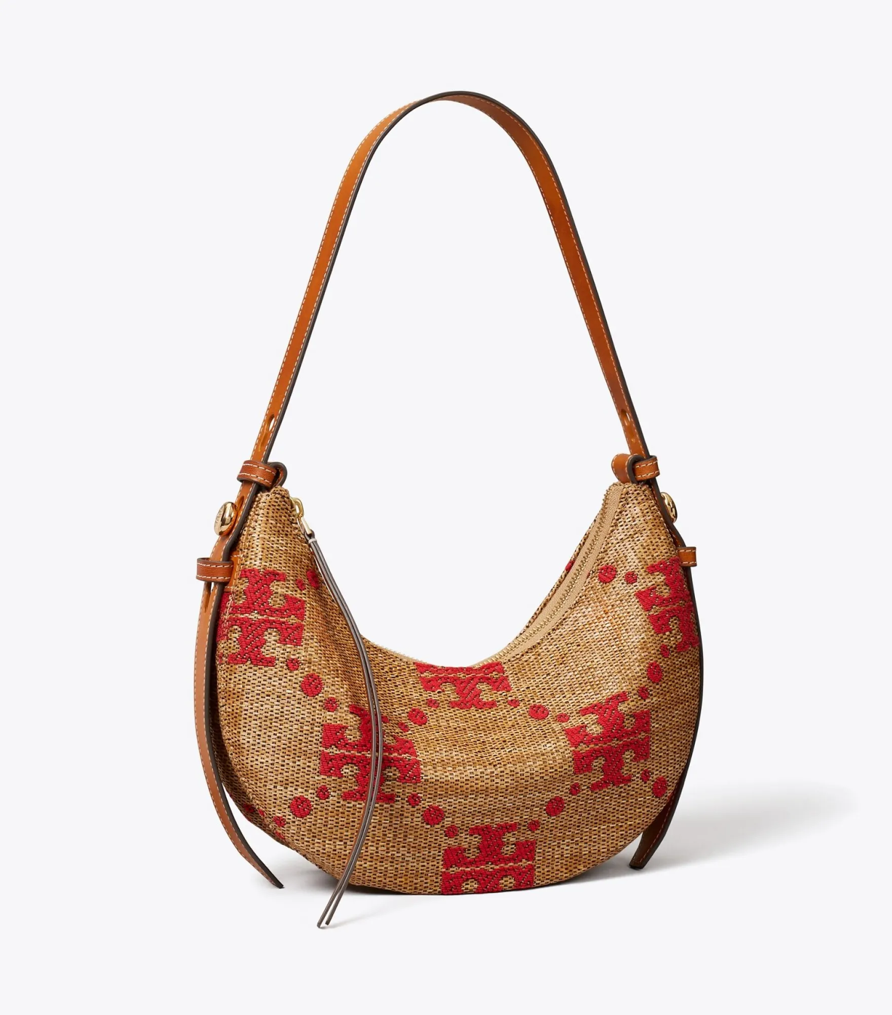 T MONOGRAM ROMY WOVEN HALF MOON BAG
