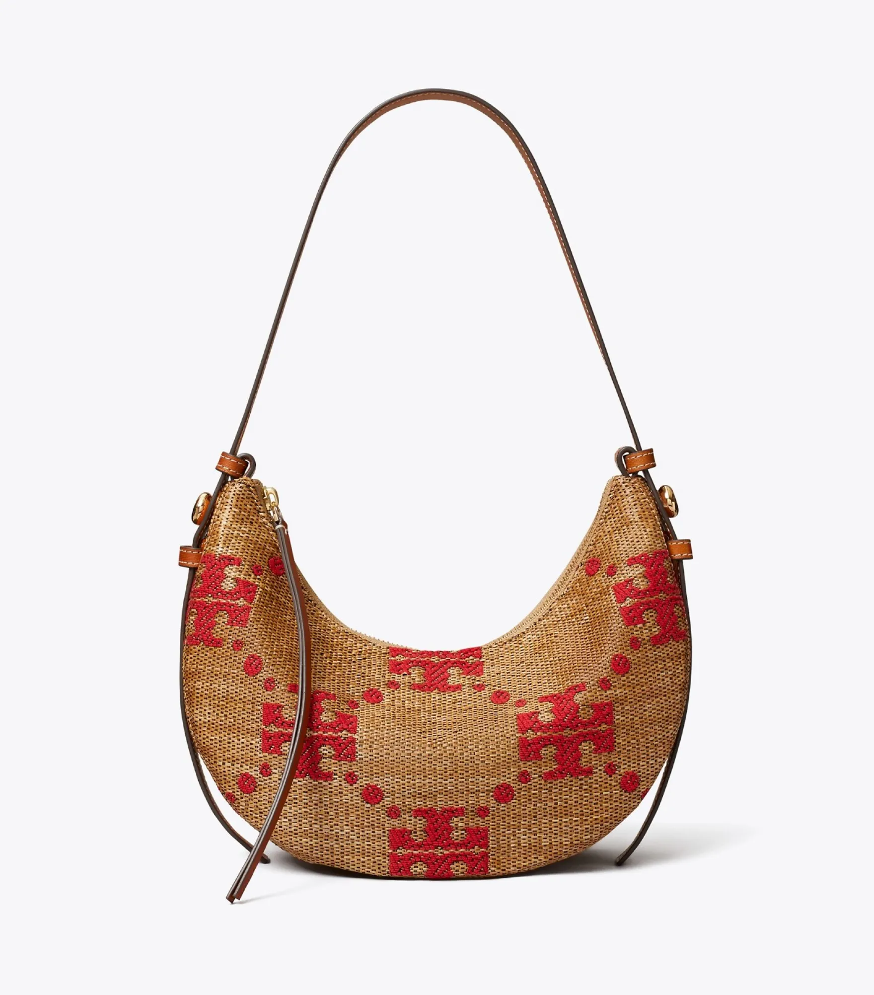 T MONOGRAM ROMY WOVEN HALF MOON BAG