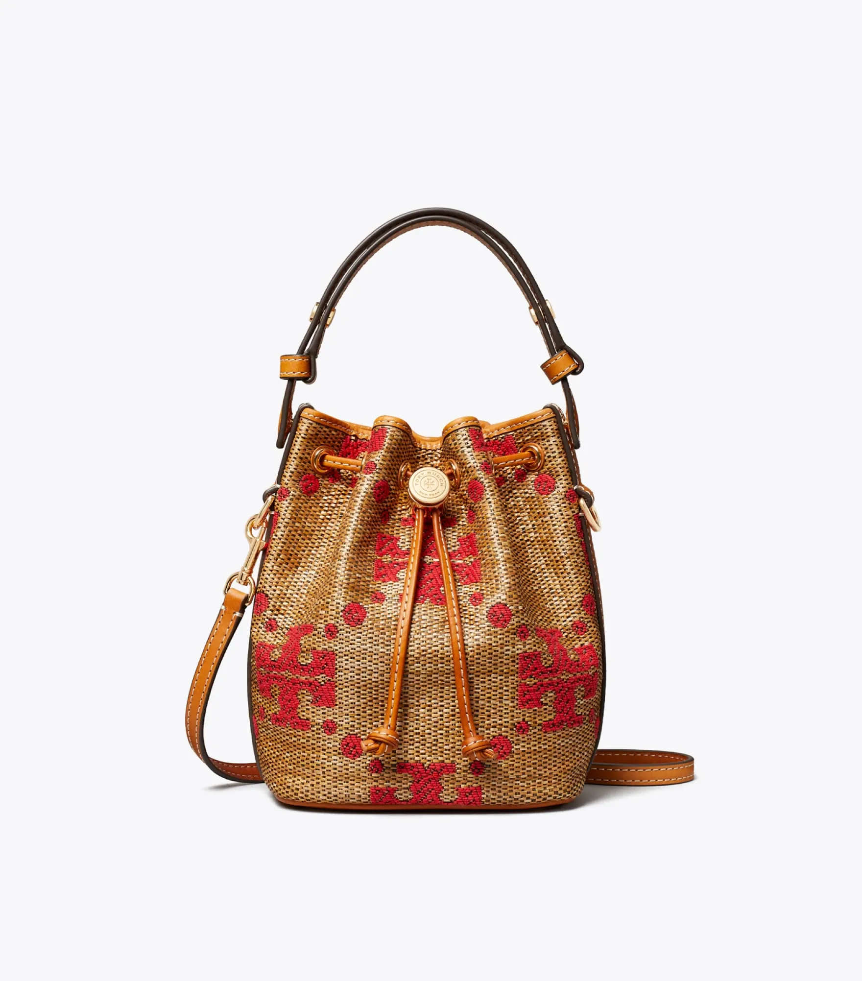 T MONOGRAM STRAW MINI BUCKET BAG